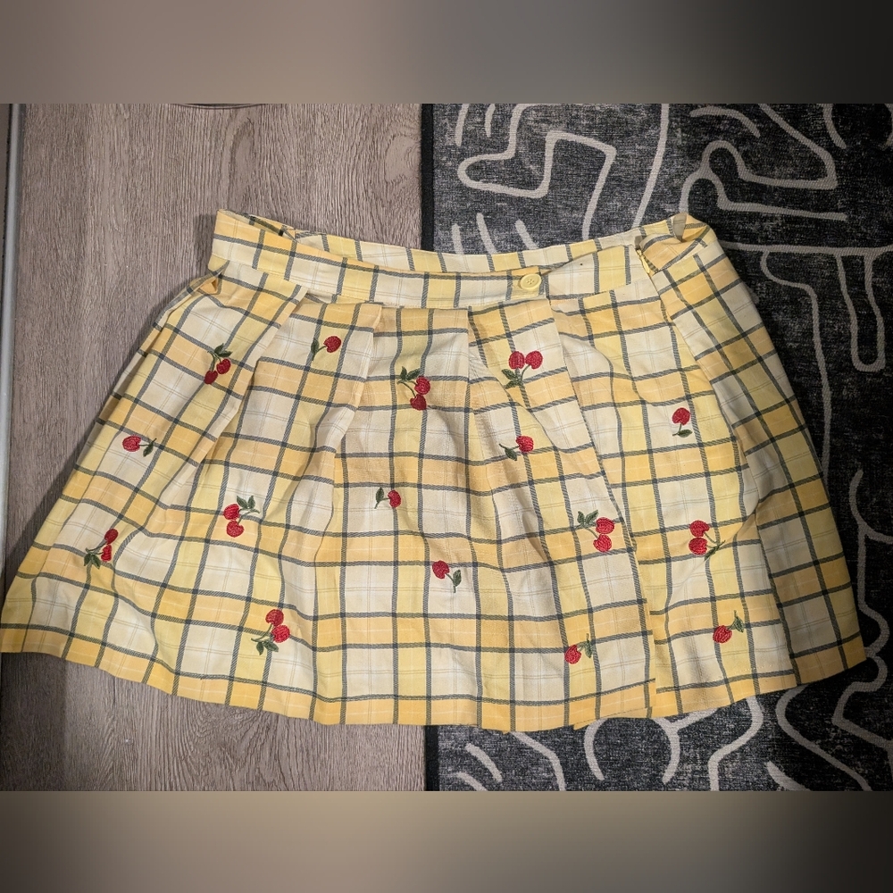 Yellow Plaid Mini Skirt (Skort) with Cherry Embroidery